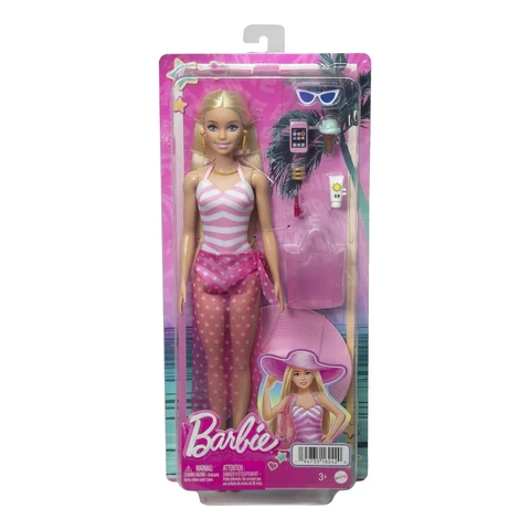 Barbie - Blonde Puppe mit pink-weißem Badeanzug, Sonnenhut, Tragetasche und Strand-Accessoires, für Kinder ab 3 Jahren, HPL73