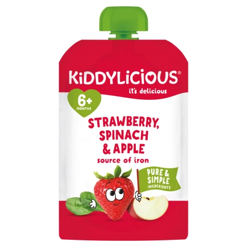 Kiddylicious Strawberry, Spinach & Apple Pouch 6+ Months 100G