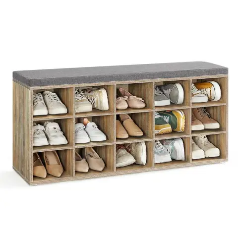 VASAGLE Shoe Bench, 15 Open Storage Compartments, 105x30x48cm, Oak with Blue Grains and Grey
