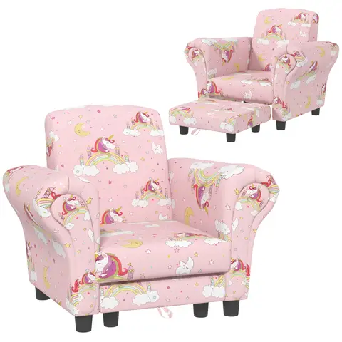 AIYAPLAY Kids Armchair with Stool, 2 Piece Kids Sofa Set with Cloud Design, Wooden Frame, Upholstered Chair Pink