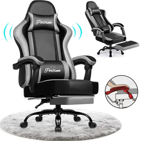 GTIMEX Gaming-Stuhl, ergonomischer Bürostuhl mit ausziehbarer Fußstütze, Kopfstütze und Lendenstütze, gepolstert, höhenverstellbar, 150 kg, Grau