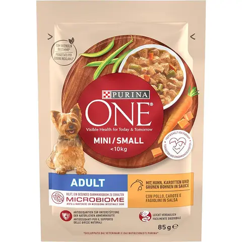 PURINA ONE Mini/Small Adult Hundefutter nass für kleine Hunde, reich an Huhn & Gemüse, 26er Pack (26 x 85g)