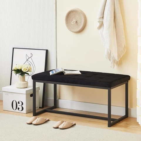 CLIPOP Dining Room Bench Seat Velvet Padded Cushioned Hallway Benches with Metal Frame Lounge Long Dinner Stool Black