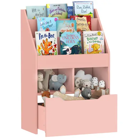HOMCOM Kids Bookshelf with Storage Drawer, Children's Bookcase with Wheels, Toy Organiser for Bedroom, Playroom - Pink