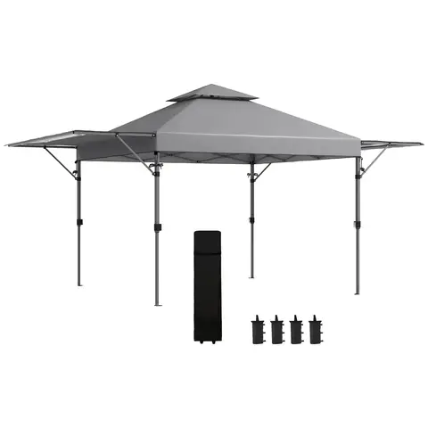 Outsunny 3 x 3(m) Pop Up Gazebo with Extend Dual Awnings, 1 Person Easy up Marquee Party Tent with 1-Button Push, Double Roof, Wheeled Bag, Sandbags, Height Adjustable Instant Shelter, Grey