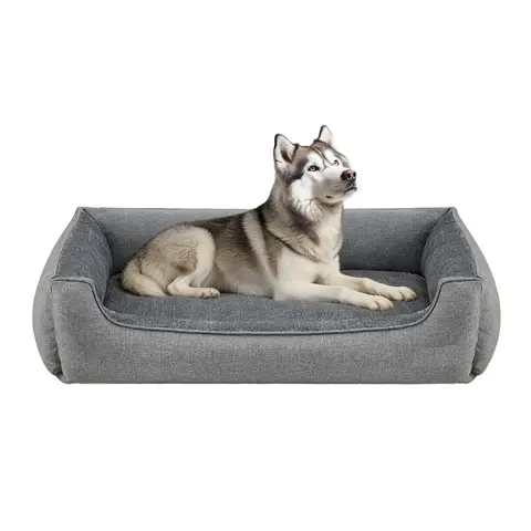 SONGMICS Dog bed linen look, raised edges, non-slip bottom, removable and washable cover, XXL, 120 x 90 x 30 cm, Light grey