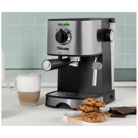 [Summer Deals - £29.99 with Free Next-Day Delivery] Tristar Pump Espresso Machine with Milk Frother, 2 Cups, 15 Bar, Compact for Small Spaces, Back to Uni, Silver & Black - CM-2275BS [Limited Availability]