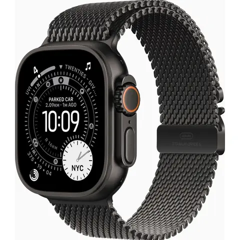 Apple Watch Ultra 3 GPS + cellulair, 49 mm, zwart titanium behuizing met zwart titanium Milanese bandje - Groot