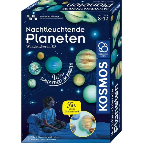 KOSMOS 654269 Nachtleuchtende Planeten, Amazon Exklusiv, 3D-Planeten-Sticker leuchten im Dunkeln, Weltraum für Kinder ab 6 Jahren, Weltall Kinder, Planeten-Deko fürs Kinderzimmer