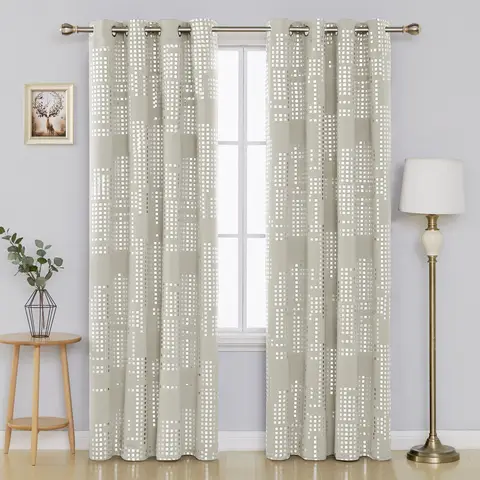 Deconovo Blackout Silver Foil Print Small Check Pair Curtains with 6 White Grommets, 2 Pieces, W97 cm x L114 cm, Light Beige