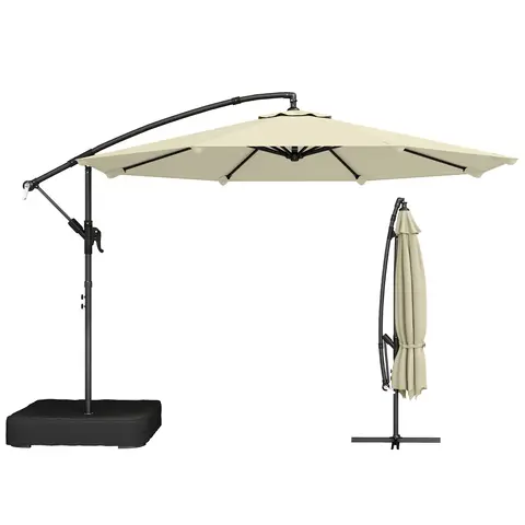 Outsunny 3 m Garden Cantilever Parasol with Cross Base and 80 kg Fillable Sandbag, 360° Rotating Overhanging Umbrella with Crank Handle, Banana Patio Umbrella for Outdoor Sun Shade, Beige