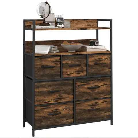 HOMCOM Bedroom Chest of Drawers, Fabric Dresser with 7 Drawers, Storage Organiser Unit with Shelves and Metal Frame Rustic Br