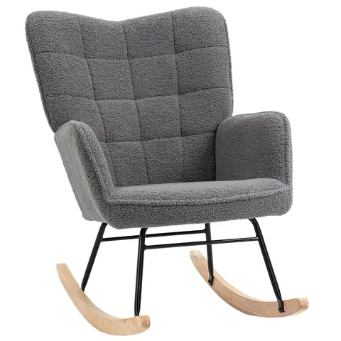 HOMCOM Wingback Rocking Chair for Nursing, Upholstered Berber Fleece Nursery Glider Rocker, Modern Armchair Dark Grey