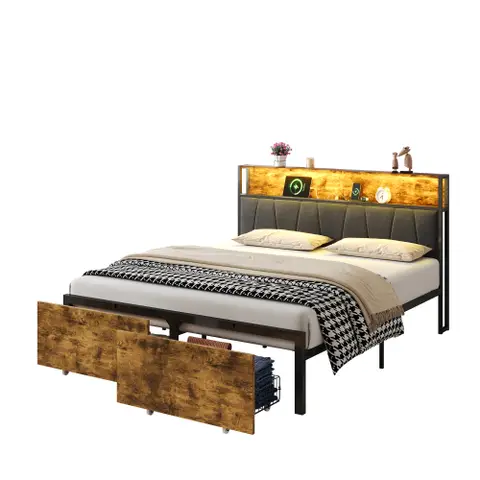 4ft6 Double Bed Frame with 2 Storage Drawers Metal Platform Bed Frame  Black+Walnut (No Mattress) 