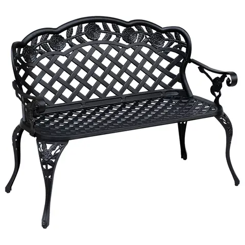 Outsunny Cast Aluminium Garden Bench Outdoor Patio 2 Seater High Back Chair Armrest Antique Style Black