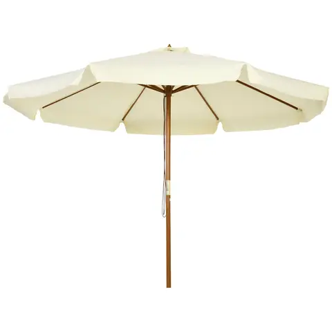 Outsunny 3.3m Wooden Garden Parasol Umbrella, Outdoor Sun Shade Canopy with 8 Bamboo Ribs, Ruffles and 4.7 cm Wood Pole for Balcony Deck Yard Market Beach Pool, Beige