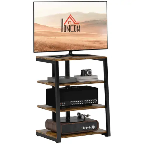 HOMCOM HiFi Stand, 4-Tier Media Storage Shelf with Adjustable Shelves, Power Strip Rack for Router Rustic Brown