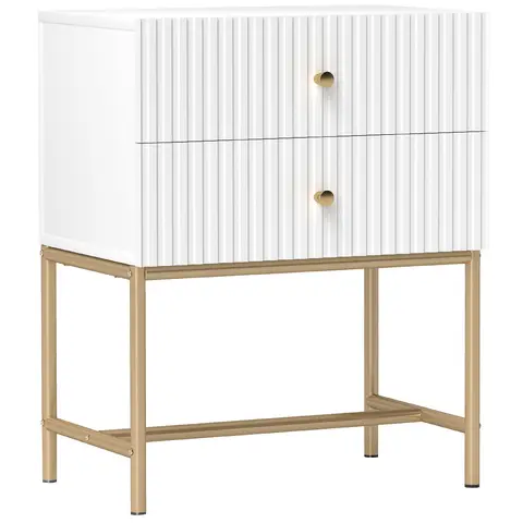 HOMCOM Bedside Table, Modern Bedside Cabinet with 2 Drawers and Metal Legs for Bedroom Living Room White