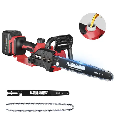 FLORA GUARD 12'' Cordless Brushless Chainsaw – 1200W High-Speed Handheld Mini Chainsaw with 2×4000mAh Batteries & Charger, Auto Lubrication, Compatible with Dewalt 20V Battery