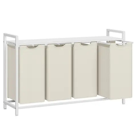 VASAGLE Laundry Basket, 4-Compartment Laundry Hamper, Pull-Out and Removable Liner Bags, Clothes Sorter, Shelf, Metal Frame, 4 x 40 L, 116 x 33 x 72 cm, Cream White and Matte White BLH401W01