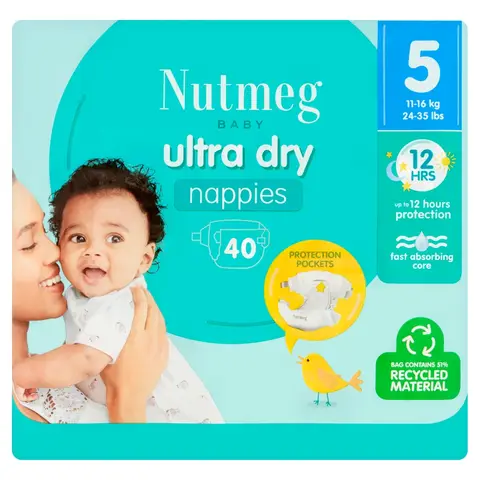 Nutmeg Baby Ultra Dry Nappies Size 5 11-25kg/24-55lbs 40 Pack
