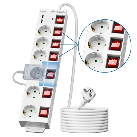 DEWENWILS Multiprise 6 prises avec 2 ports USB, interrupteurs individuels, protection contre les surtensions, verrouillage enfant, prises orientées à 90° et câble de 5 m - Blanc