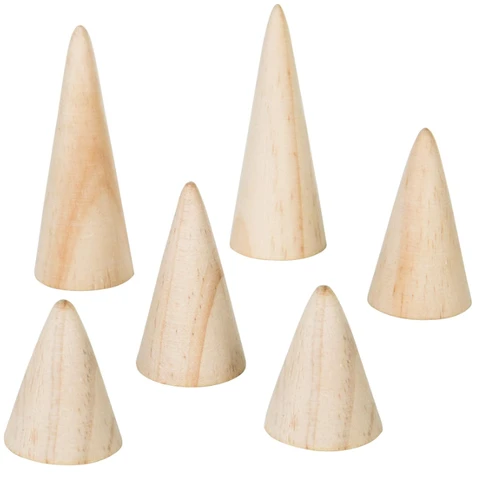 MyGift Holz-Ringhalter Set aus 6 - Natürlicher Holz-Verlobungs- & Hochzeits-Schmuckkegel für Damen, Herren - Moderner freistehender Ring-Organizer für Schminktisch, Einzelhandel (3 Größen)