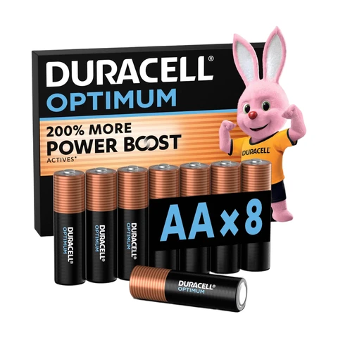 DURACELL Optimum Piles AA (lot de 8) - Piles Alcalines 1,5V - Jusqu’à 200% plus longtemps ou plus puissant - Alimentez vos appareils énergivores - Recyclable, 0% plastique - LR6 MX1500