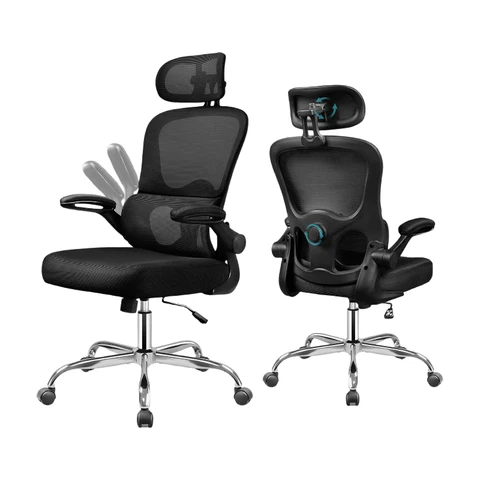 DEVAISE Office Chair, Ergonomic Office Chair with Dynamic Lumbar Support, 10cm Thick Cushion, Flip-up Armrests & Adjustable Headrest, Breathable Mesh Chairs for the Home/Office, Black
