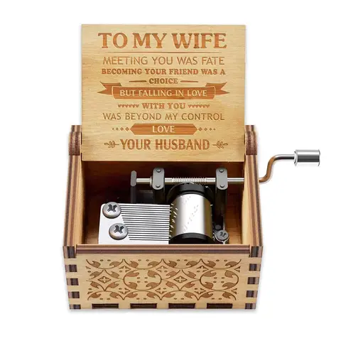 Alphynix 1pc "To My Wife" Music Box, Hand-Cranked Wooden Keepsake with Romantic Love Letter Engraving, Anniversary Gift from Husband