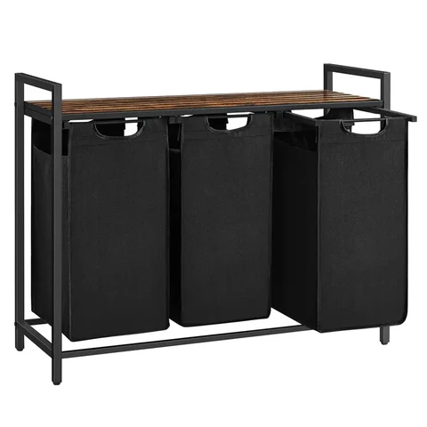 VASAGLE Panier de linge - Panier de rangement à 3 compartiments - Structure métallique - 92,5 x 33 x 72 cm, 3 x 38 L, Offre Nouvel An, Idées cadeaux phares