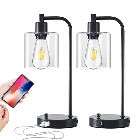 Homelist Dimmable Bedside Lamps Set of 2, Industrial Retro with USB Charging Ports, Black Modern LED Nightstand Desk Beside Table Lamp, Glass Shade for Bedroom Living Room Home Office, Bulb Included