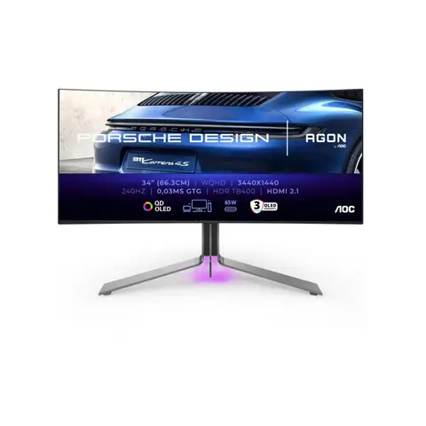 Ecran PC Gaming Porsche Design AOC Agon Pro PD34 – 34'' incurvé QD-OLED WQHD 240Hz HDR400 TrueBlack G-Sync Compatible HP Ajustable USB-C 65W HUB USB