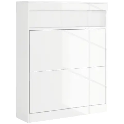 HOMCOM Narrow Shoe Cabinet, Wall Mounted or Freestanding Shoe Storage Cabinet with 2 Flip Drawers and Open Shelf White