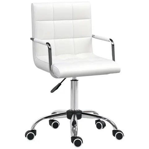 Vinsetto Makeup Vanity Chair, PU Leather Mid Back Office Chair with Adjustable Height, Armrest and Rolling Wheels, White