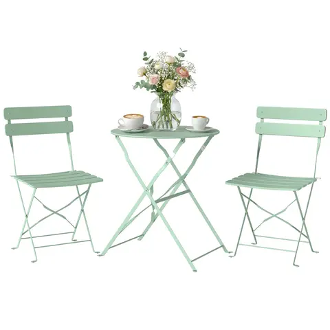 Outsunny 3 Piece Folding Bistro Set, Round Bistro Table and Chairs Set 2 with Electrophoresis Metal Frame, Small Outdoor Garden Furniture Conversation Sets for Patio, Balcony, Porch, Light Green