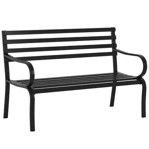 Outsunny Stylish 2 Seater Metal Garden Porch Chair Bench Stable Patio Outdoor Park Metal Bench - Black