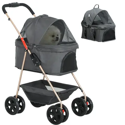 PawHut Pet Stroller, 3 in 1 Folding Dog Stroller Pram w/ 4 Wheels, Detachable Carrier, Storage Basket, Cup Holder Grey