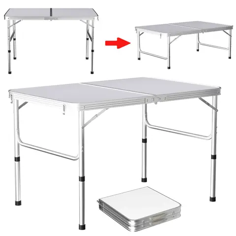 Table de camping pliante, portable, adaptée à une utilisation en extérieur et en intérieur, ainsi que dans les jardins, les balcons, les marchés, les cuisines et les établis. Réglable à deux hauteurs - 67/37 cm. Dimensions du plateau : 90 x 60 cm.