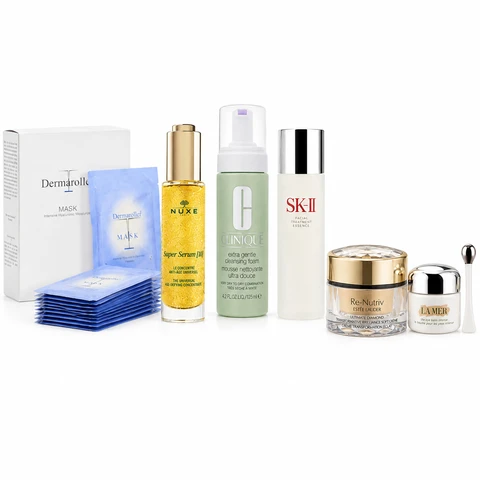 【Sommer-Angebot: 41 % sparen】Luxuriöse Strahlkraft- & Jugendrenewal-Hautpflege-Set – SK-II Facial Treatment Essence, La Mer Eye Balm Intense, Estée Lauder Re-Nutriv Diamond Cream, NUXE Super Serum [10], Clinique Cleansing Foam & Dermaroller Hyaluronic Mask | 7-teilige Premium Anti-Aging-Kollektion