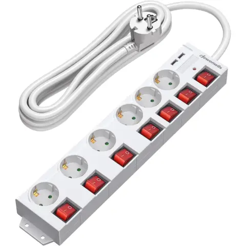 DEWENWILS Power Strip Individually Switchable with USB, 6-Way Power Strip with Switch, Multiple Socket with Overload Protection, Child Lock, 90° Rotated, 3 m, White