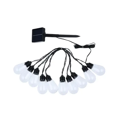 Solar-Powered Black PVC LED String Lights | 10×5L Warm White Bulbs (30cm Spacing), Non-Connectable, 200cm
Lead Wire | Solar Panel: 4.5V/90mA, Battery: 3.7V/300mAh, Output: 30–50mA