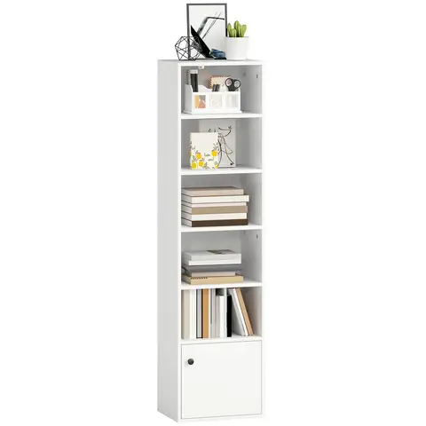 HOMCOM Tall Bookcase, 6-Tier Narrow Bookshelf with 3 Adjustable Shelves and Cupboard, Modern Freestanding Shelving Unit for Living Room, Home Office, White