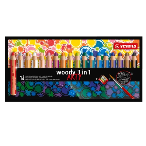 STABILO Woody 3-en-1 - Crayon multi-talents - ARTY - Lot de 18 - couleurs assorties avec taille-crayon et pinceau