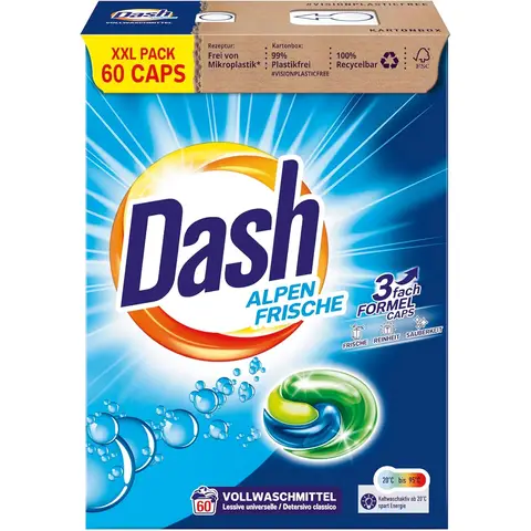 Dash Alpine Fresh 3-in-1 Waschkapseln, XXL Vorteilspack, 60 Waschladungen, 3-in-1 Formel für Frische und Sauberkeit, für weiße Wäsche