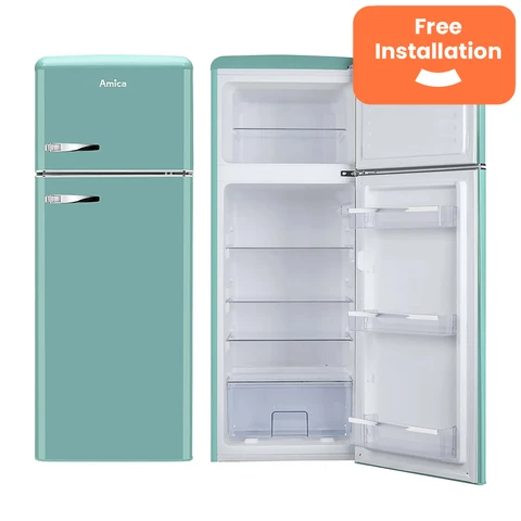 Amica FDR2213DB Retro Style Top Mount Fridge Freezer – Blue| 55cm Wide | 144cm High | E Energy Rated | Chrome Handles