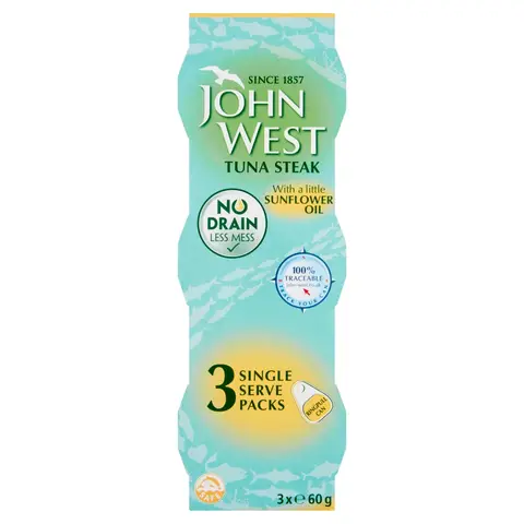 John West No Drain Tuna Steak with Sunflower Oil 3 x 60g