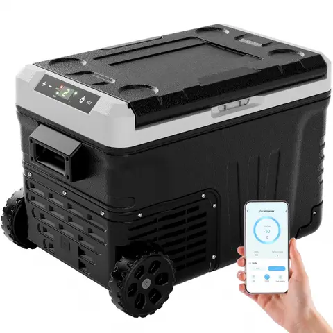 EUHOMY 35L Compressor Cooler Box, Car Refrigerator with APP, Portable Freezer 12V/24V & 220-240V, Refrigerator -20℃~20℃, Cooler Box with Wheels & 2 Baskets for Travel, Camping [Energy Class E]