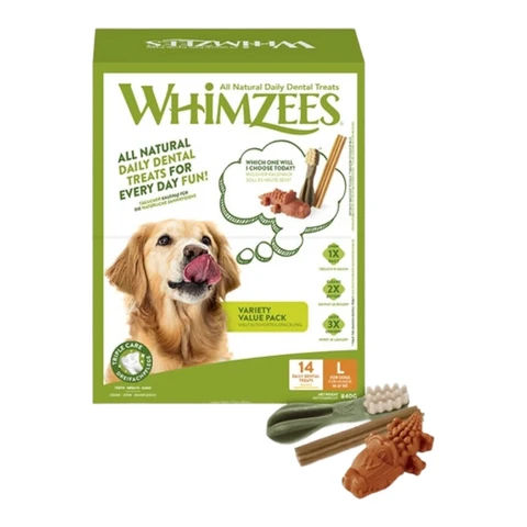 Whimzees Vielfaltsvorteilspackung Zahnkauartikel für Hunde L (18-27 kg) 14 Stück 840 g