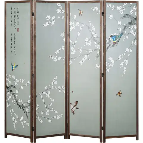 MyGift 4-Panel Raumteiler mit asiatischem Kirschblütenbaum- und Vogel-Design, brauner Holzrahmen